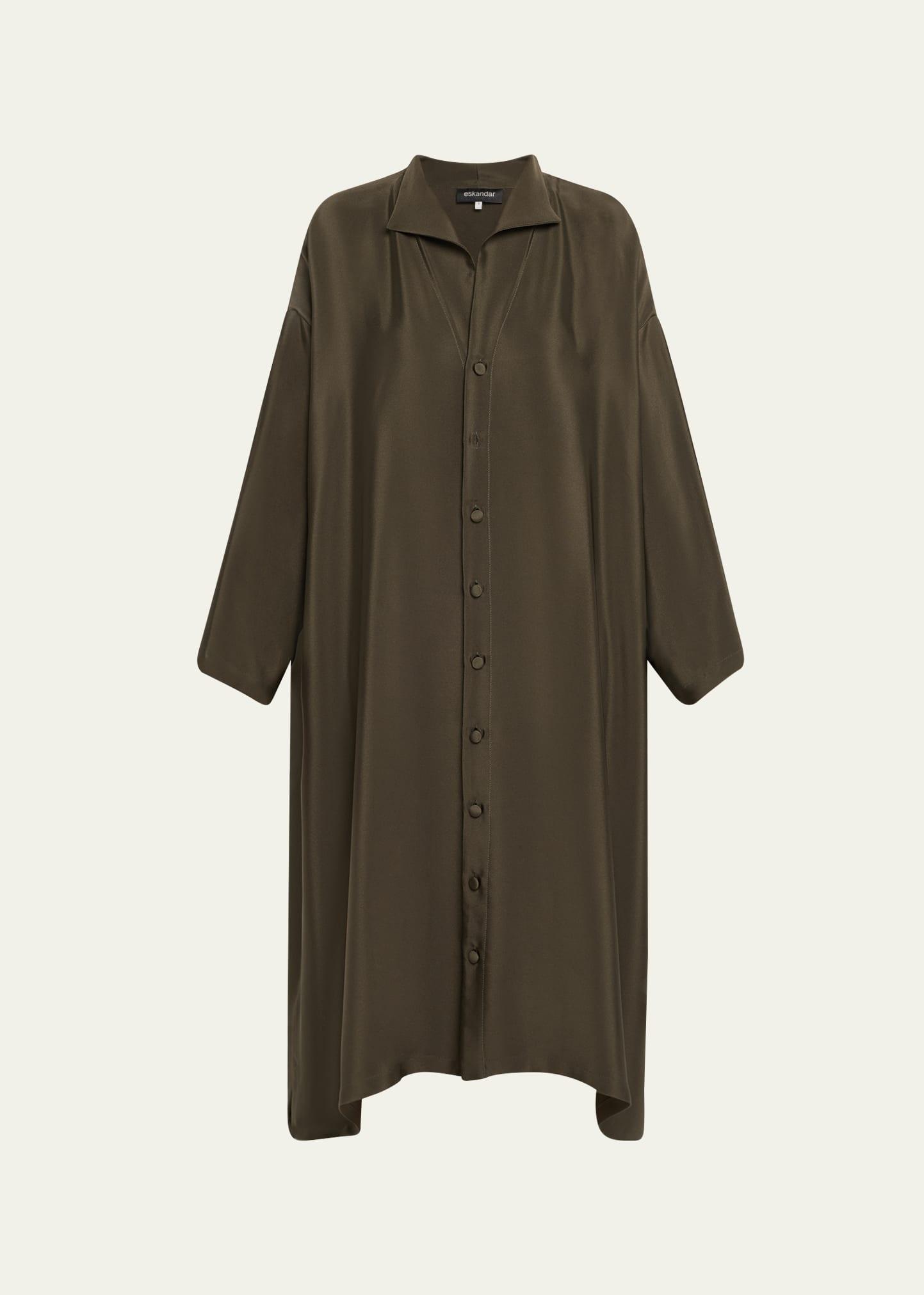 wide a-line midi shirtdress with open standup collar