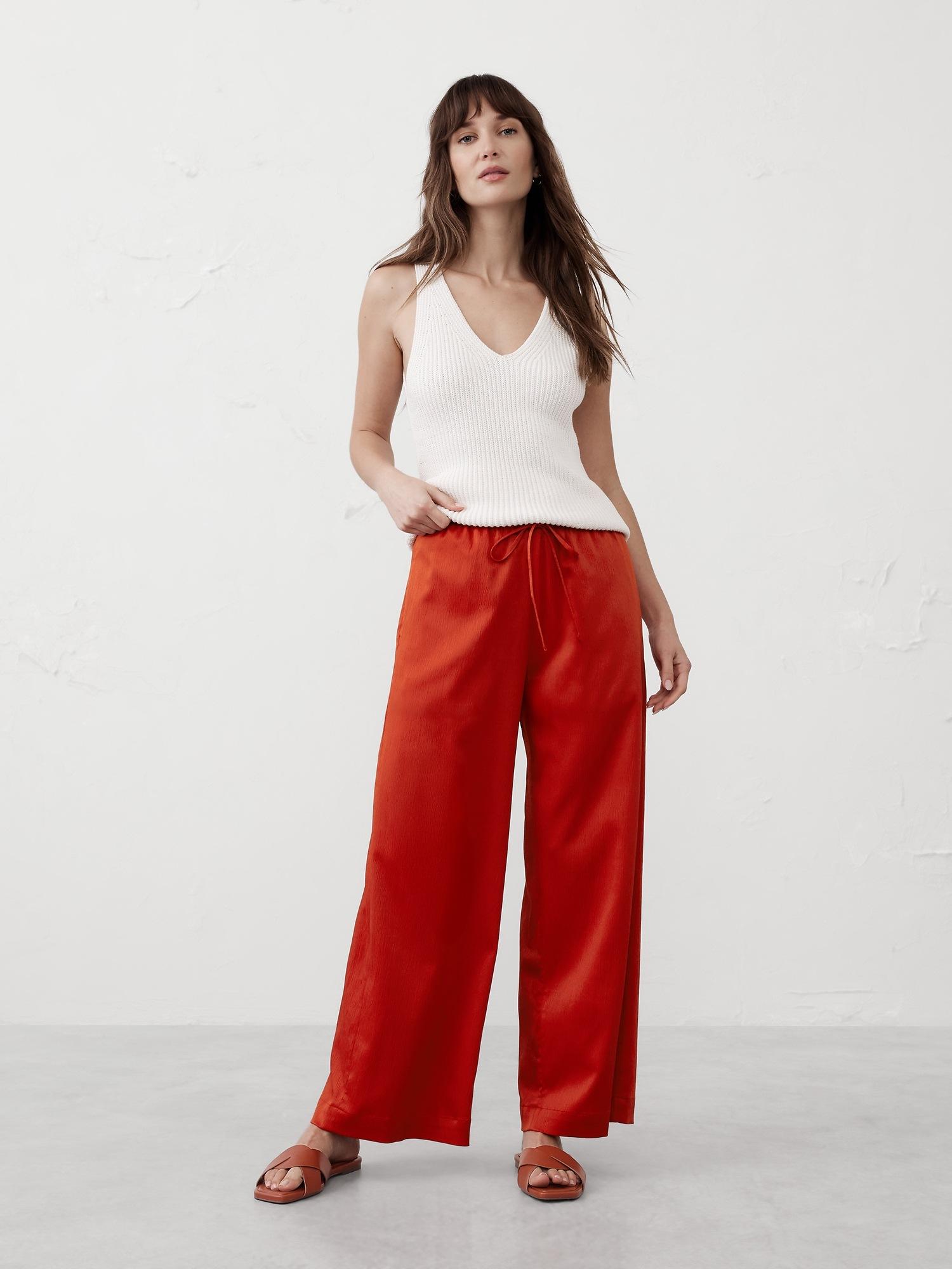 wide-leg crinkled satin pull-on pant