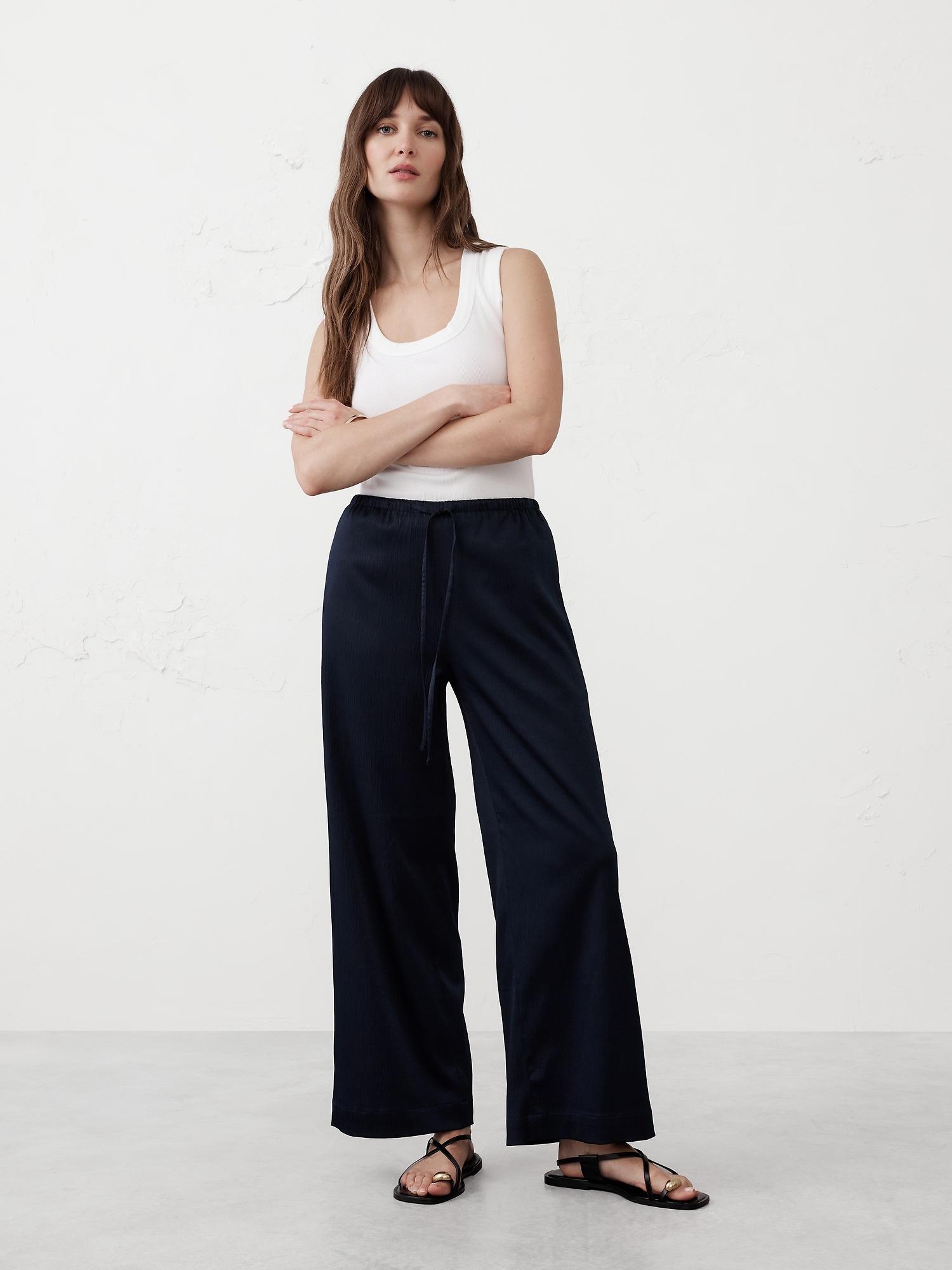 wide-leg crinkled satin pull-on pant