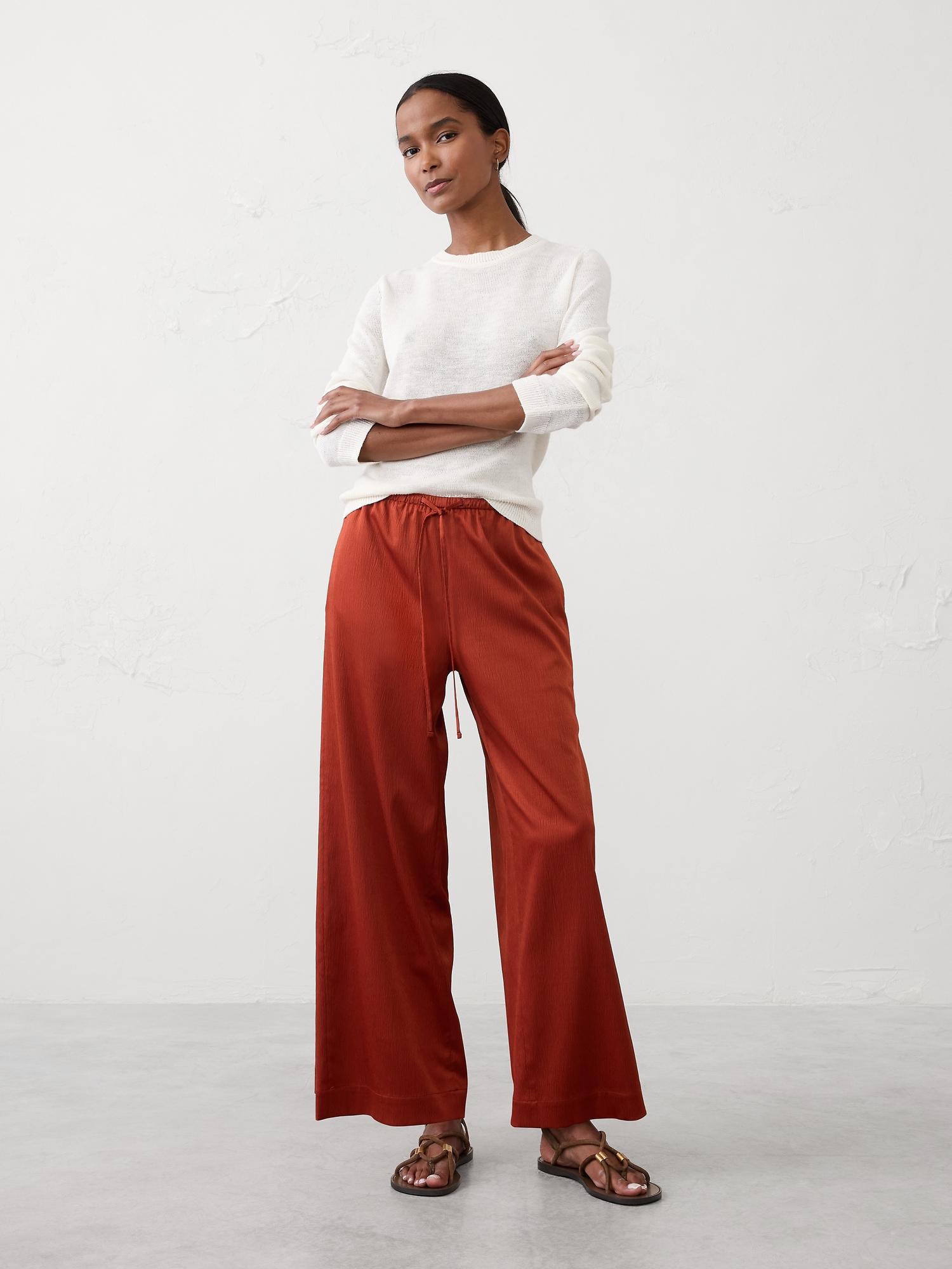 wide-leg crinkled satin pull-on pant
