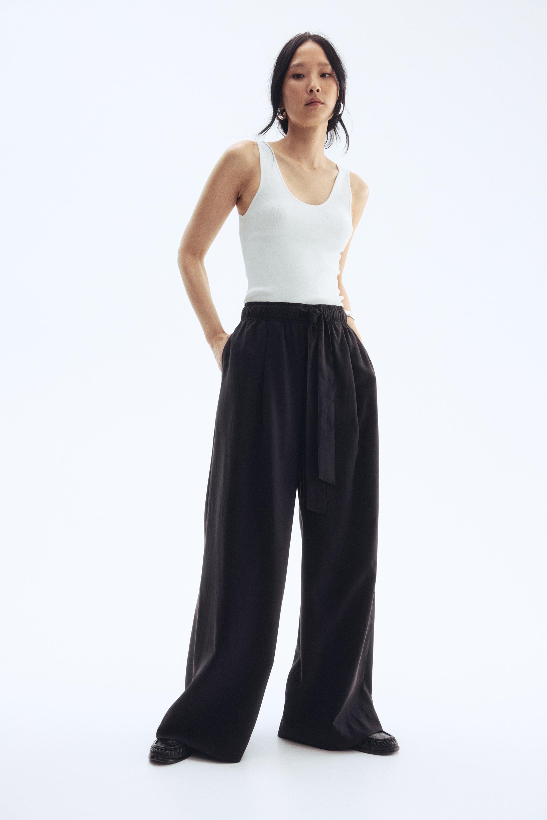 wide-leg pants with tie belt