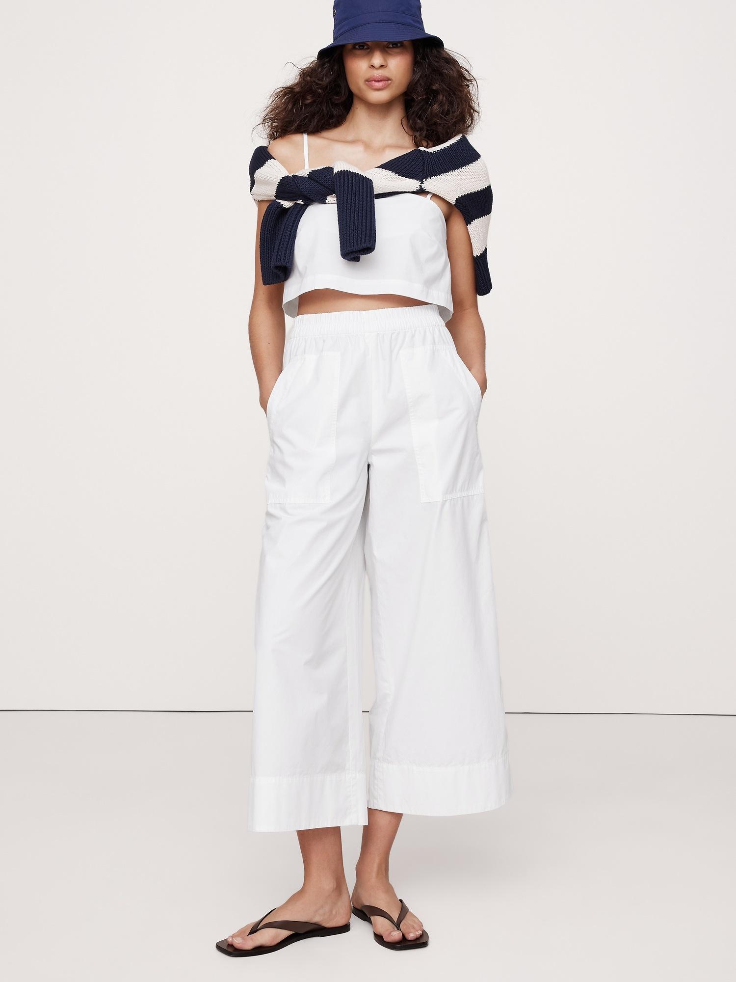 wide-leg pull-on cotton poplin ankle pant