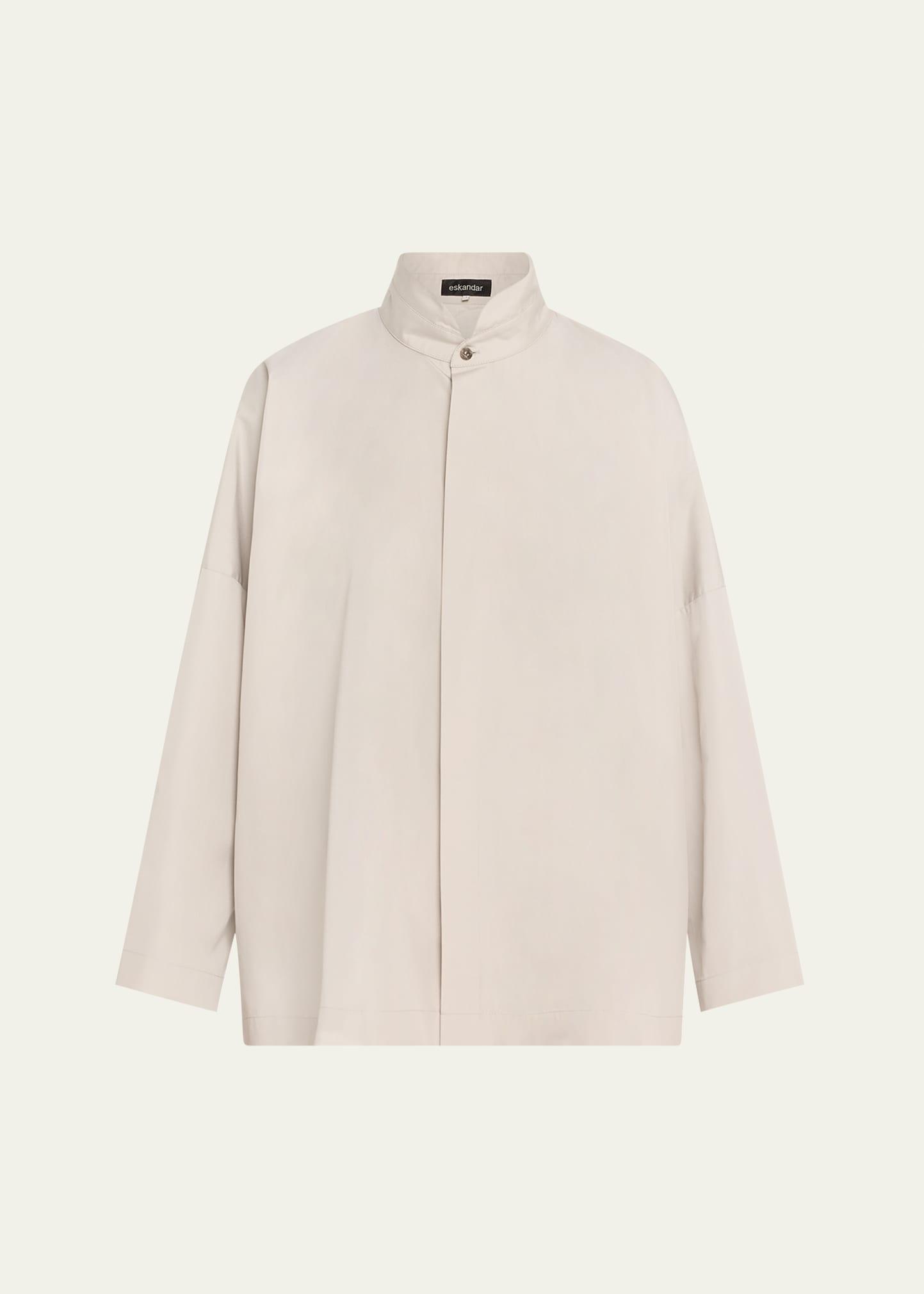 wide longer-back double stand collar shirt (mid plus length)