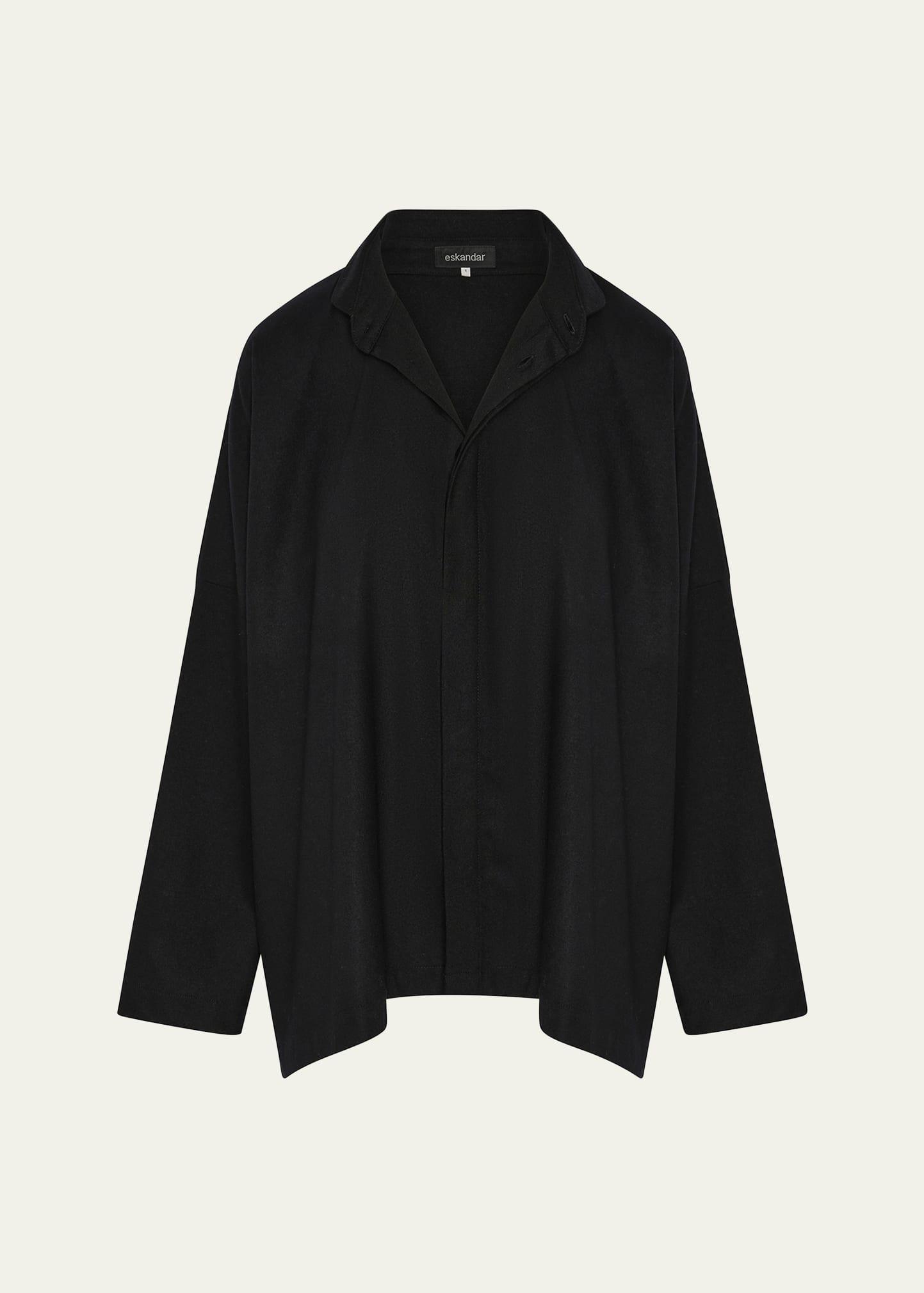 wide longer-back shirt with double stand collar (mid plus length)