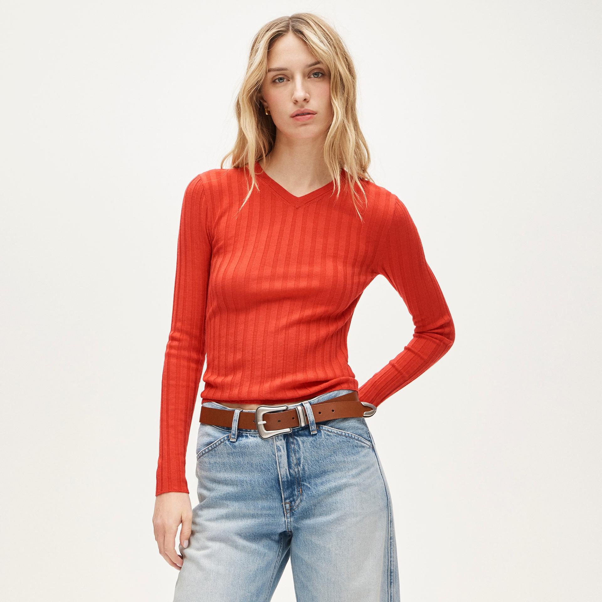 wide-rib high v-neck sweater in striped merino wool