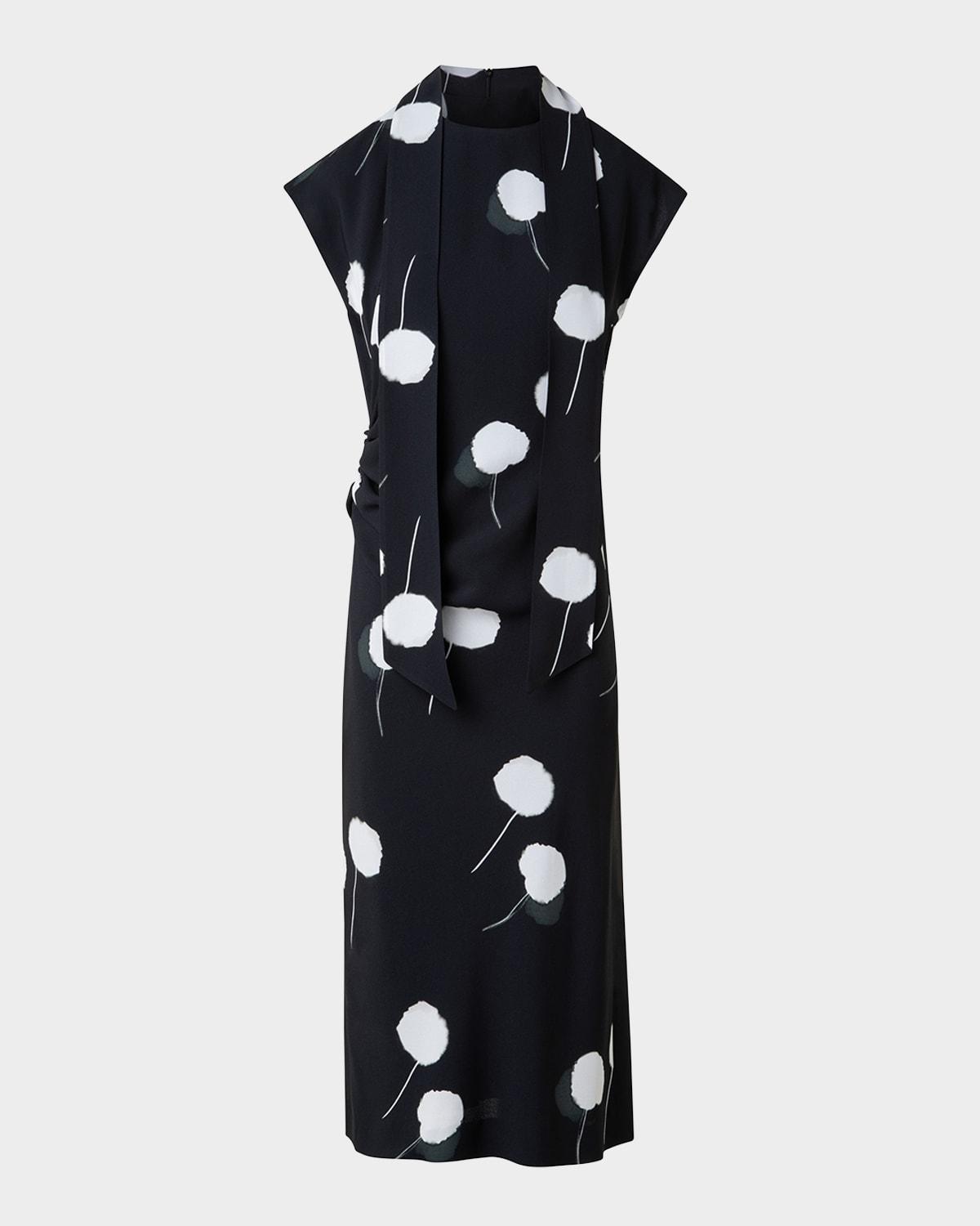 windflower-print cap-sleeve crepe midi dress with detachable bow