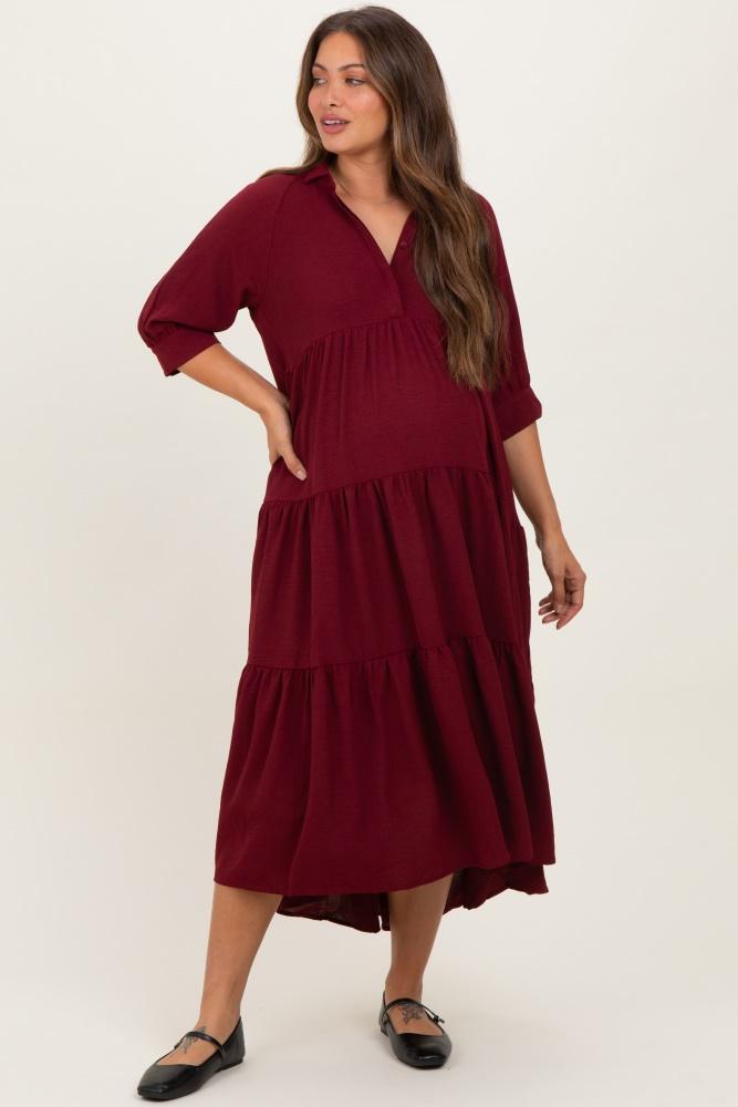 wine collared button up tiered maternity midi dress
