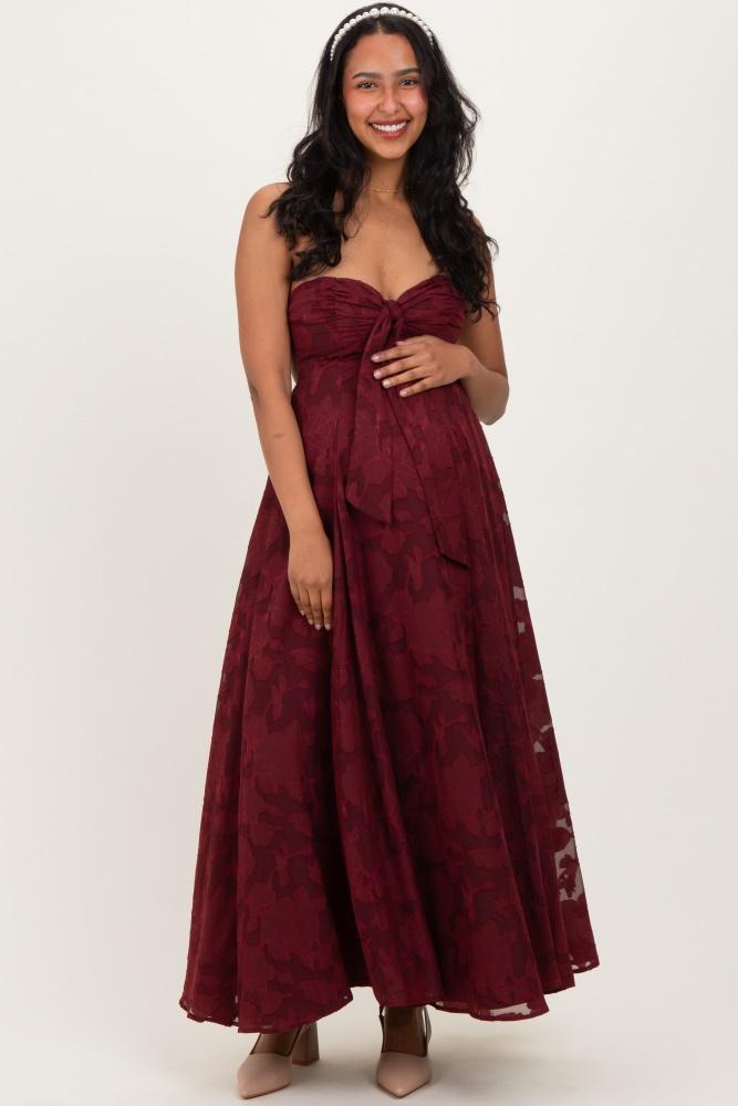 wine floral jacquard strapless open back maternity maxi dress
