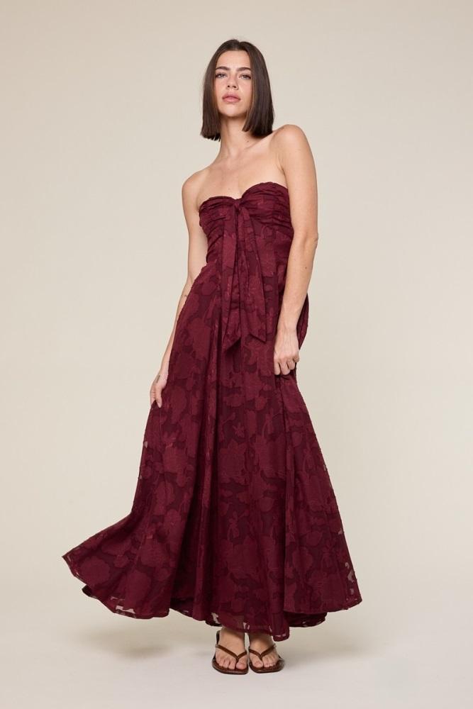 wine floral jacquard strapless open back maxi dress