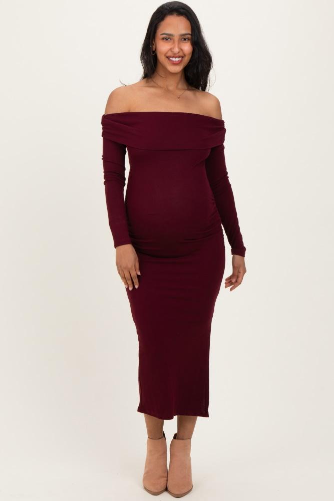 wine off shoulder ruched side slit maternity midi dress