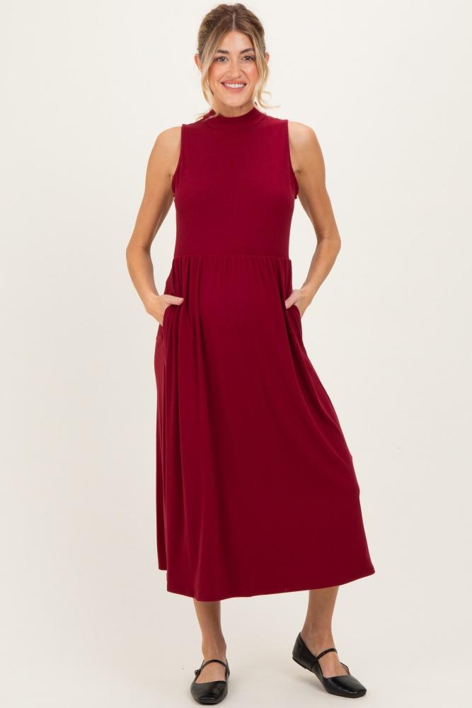 wine ribbed mock neck sleeveless maternity midi dress