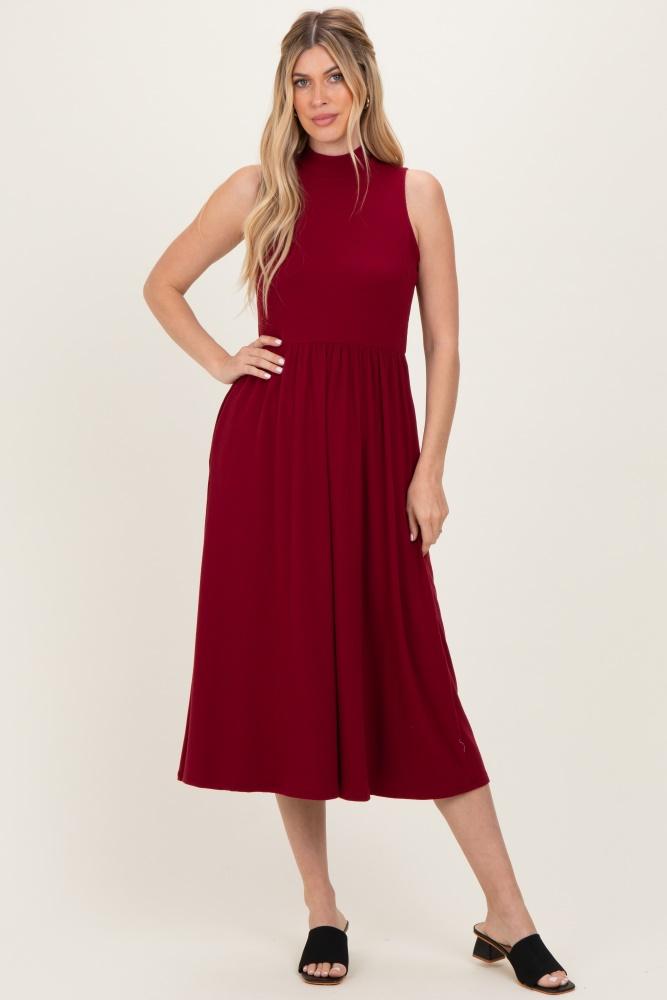 wine ribbed mock neck sleeveless midi dress