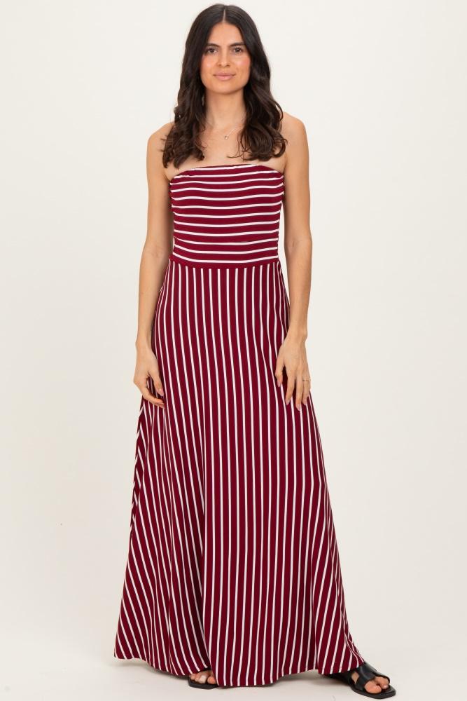 wine striped strapless maxi dress