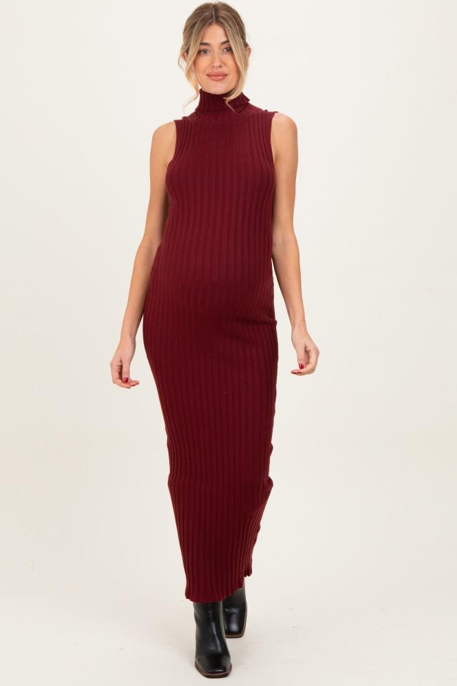 wine turtleneck ribbed knit sleeveless maternity maxi dress