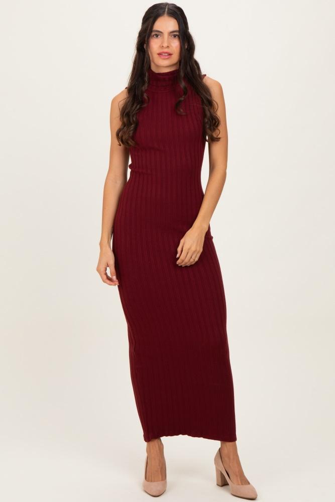 wine turtleneck ribbed knit sleeveless maxi dress