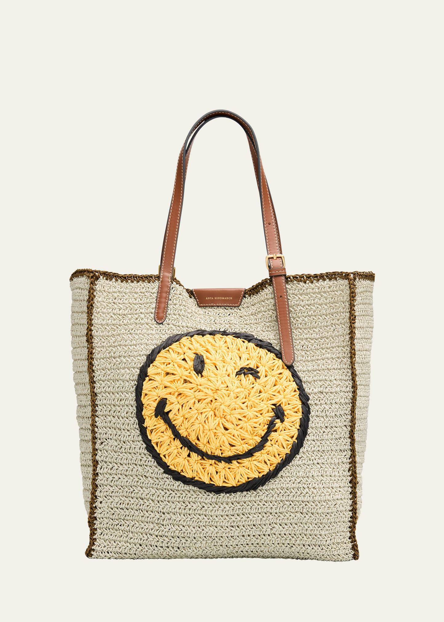 wink embroidered raffia tote bag