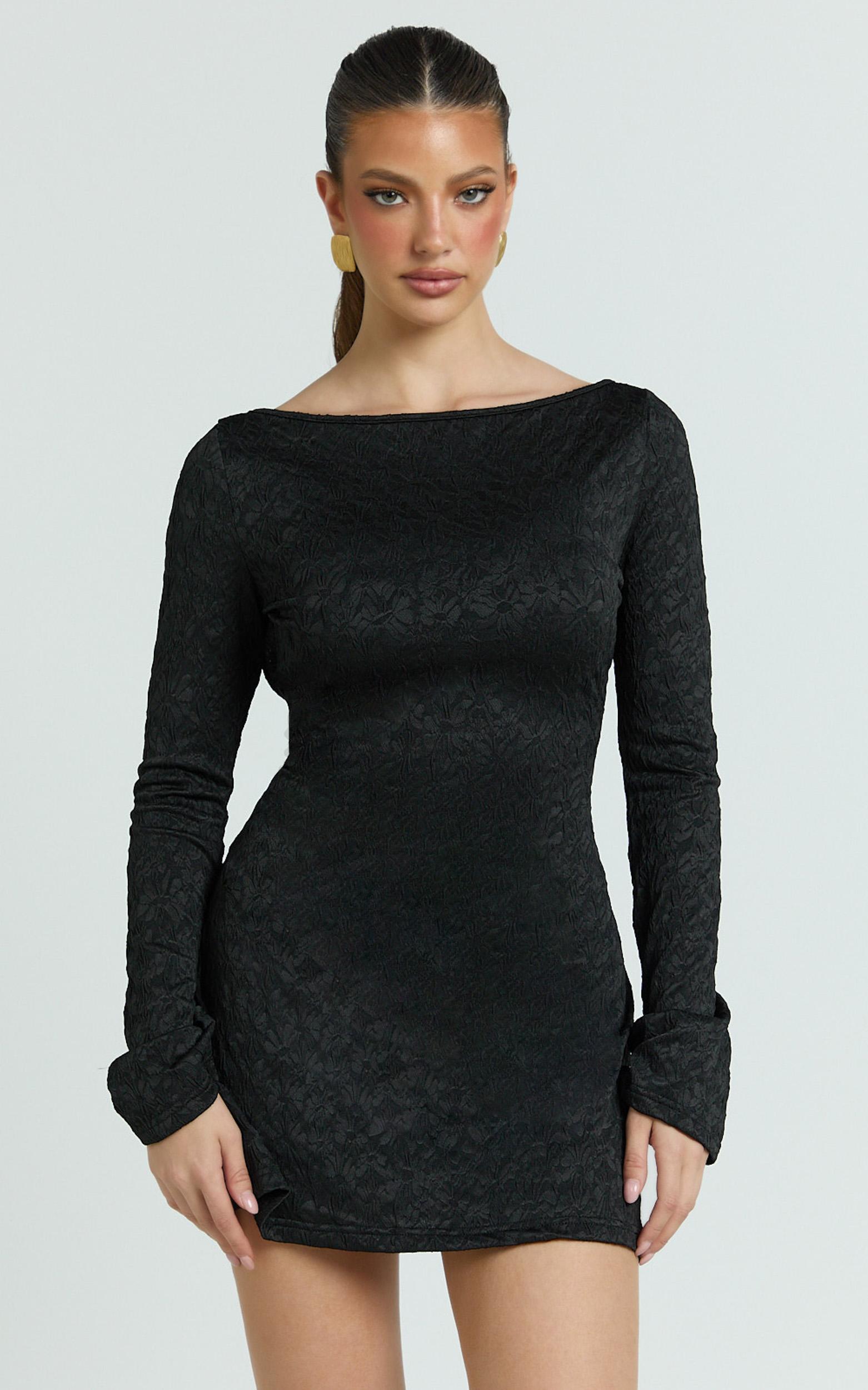 winnie mini dress - boat neck flute sleeve dress in black