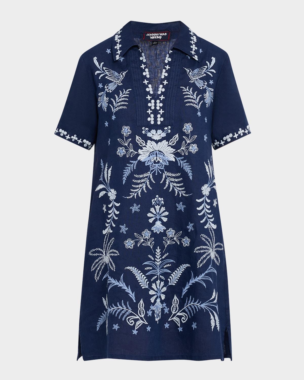winona floral-embroidered linen dress