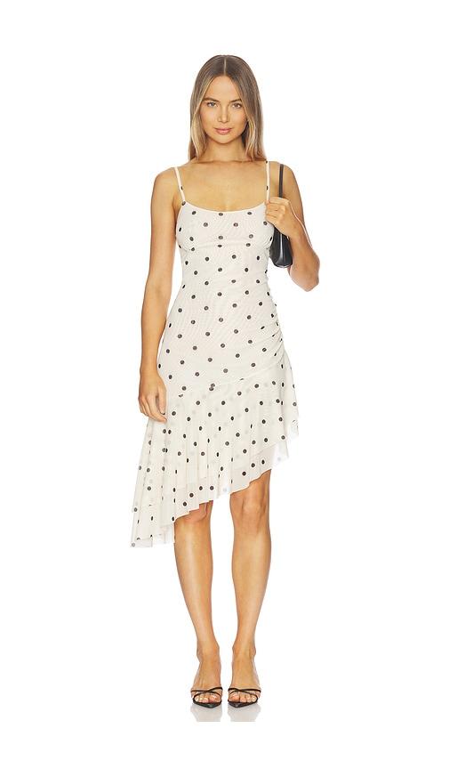 with harper lu asymmetrical frill midi dress in ivory.