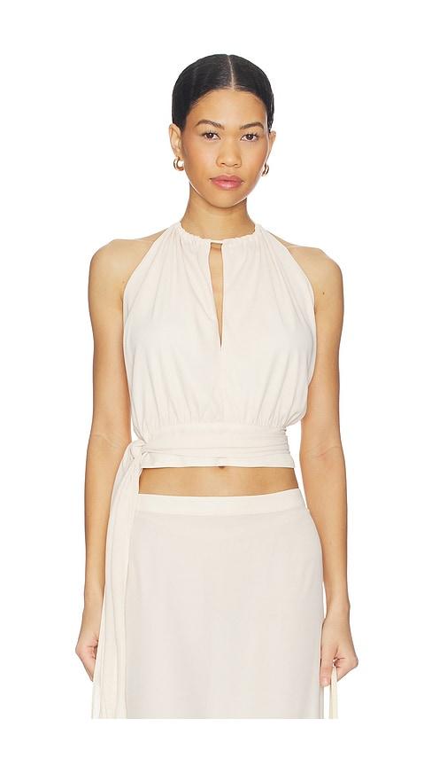 with harper lu draped halter top in ivory.