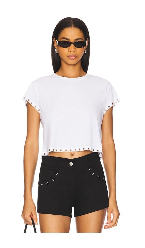 with jean deni tee in white.