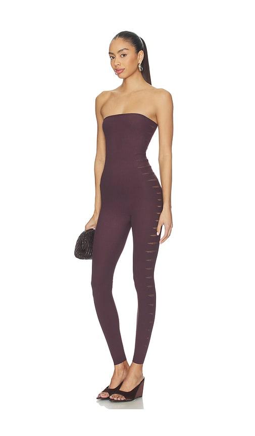 wolford slash jumpsuit in wine.