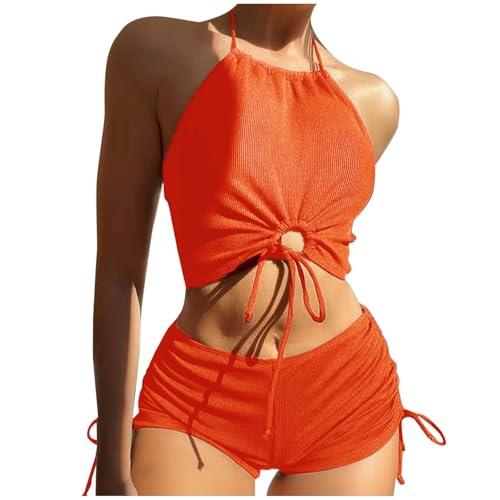 women swim sets two piece halter crop top with drawstring high waisted shorts waffle swimsuit ruched bathing suit orange