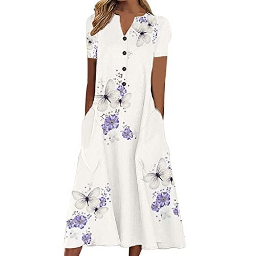 womens dresses casual butterflies print short sleeve dress long maxi shirts dress with pockets looses sundresses white