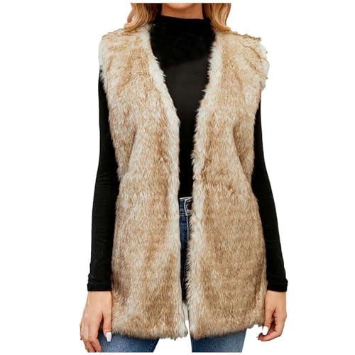 womens faux fur vest winter warm short coat fluffy shaggy sleeveless jacket fashion casual fuzzy outerwear khaki