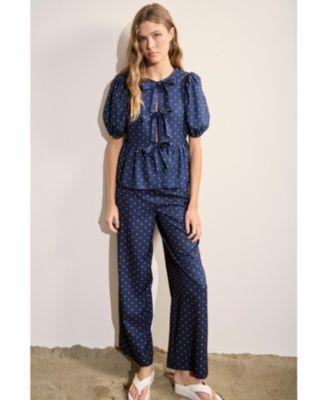 womens polka dot puff sleeve top long pants