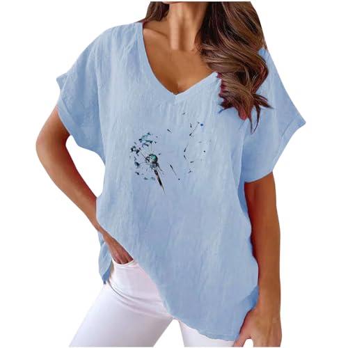 womens summer tops 2024 women linen shirts plus size short sleeve v neck floral blouse tops dressy casual comfy summer oversized tshirts trendy womens clothes 2024 going out blue m