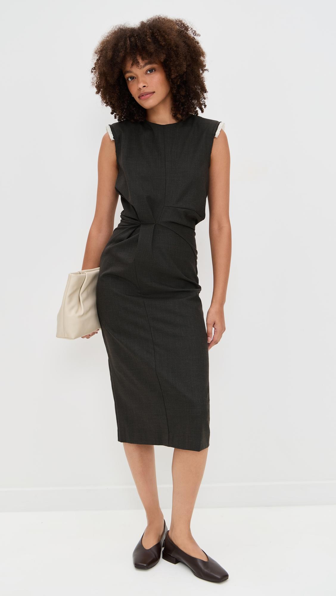 wool blend sleeveless midi dress with frayed shoulder