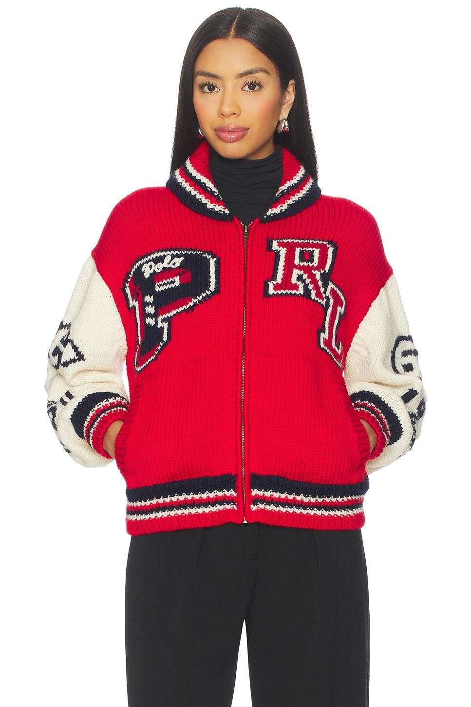 wool blend zip letter cardigan