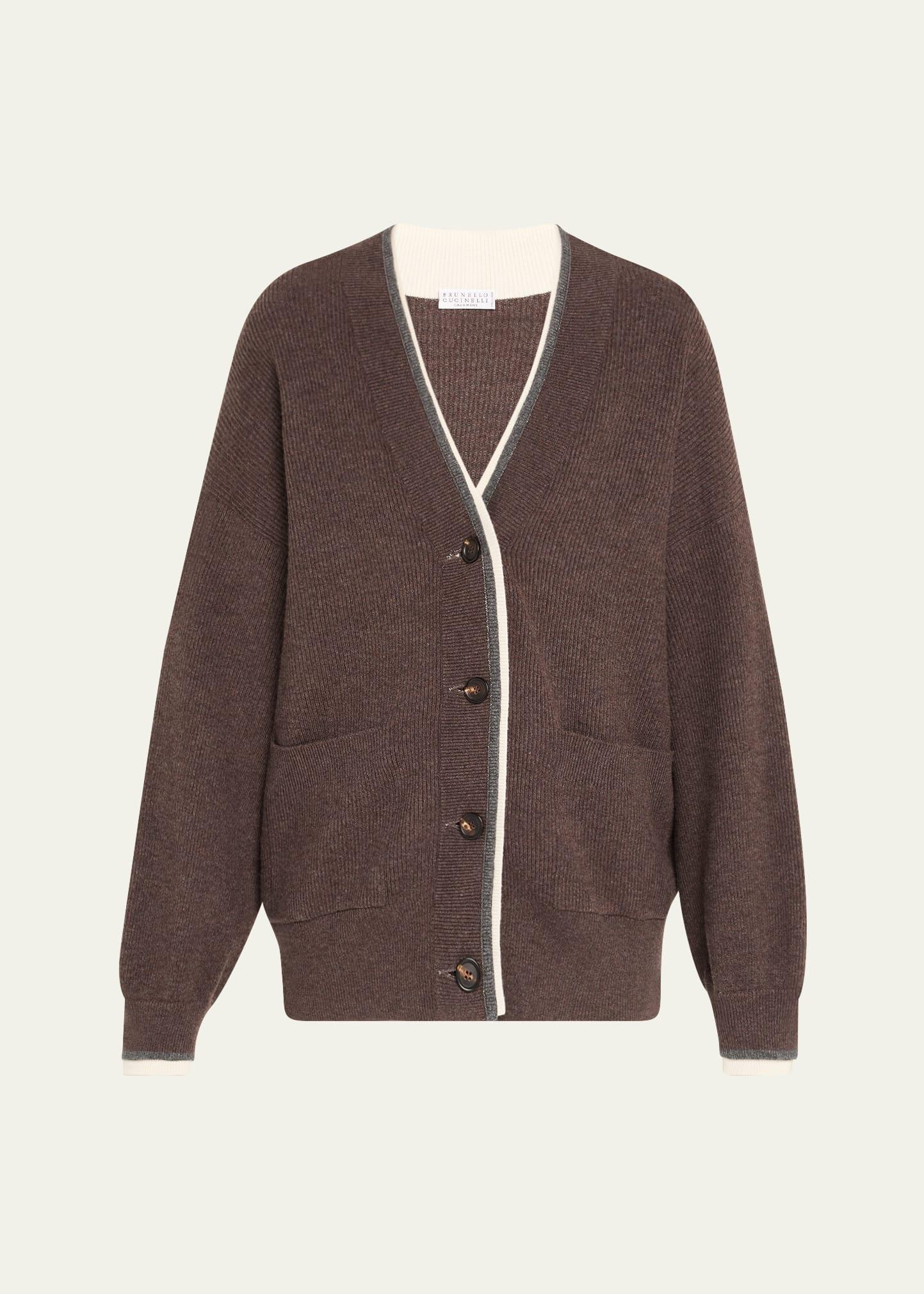 wool-cashmere contrast stripe v-neck cardigan
