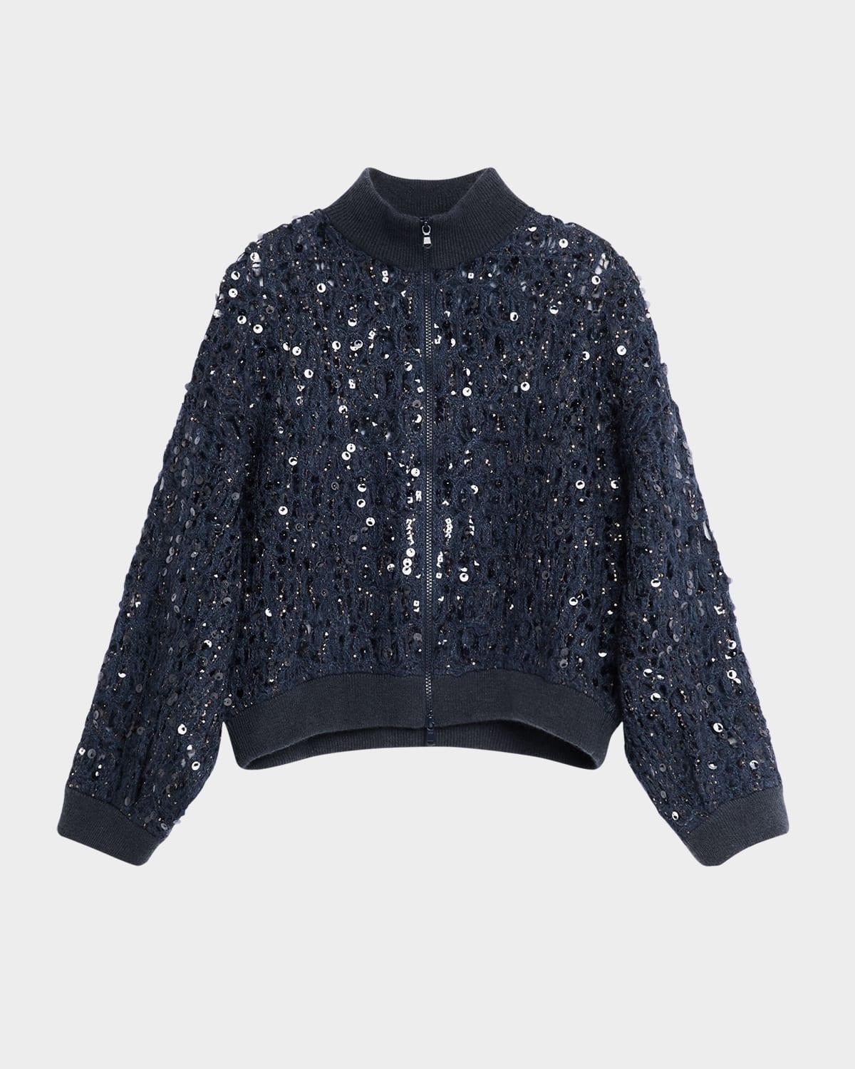 wool-cashmere paillette open-knit zip cardigan