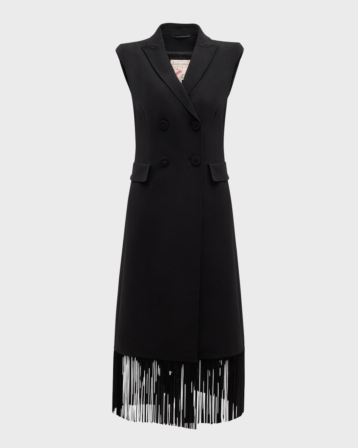 wool crepe long vest with fringe trim