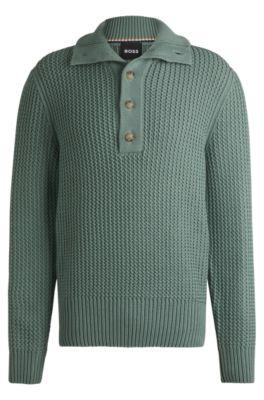 wool regular-fit sweater with buttoned placket- light green men's sweaters