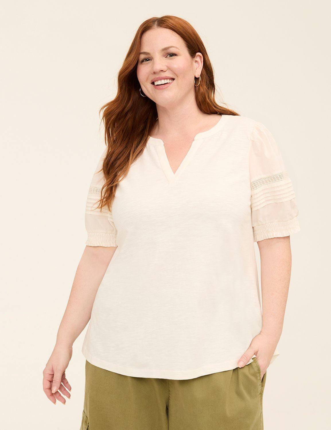 woven & knit puff-sleeve notch-neck top