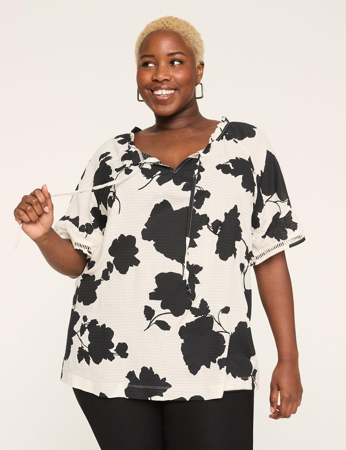 woven & knit ruffle & tie-neck top