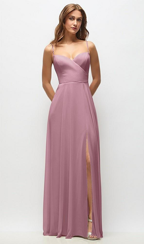 wrap bodice chiffon maxi dress with adjustable spaghetti straps