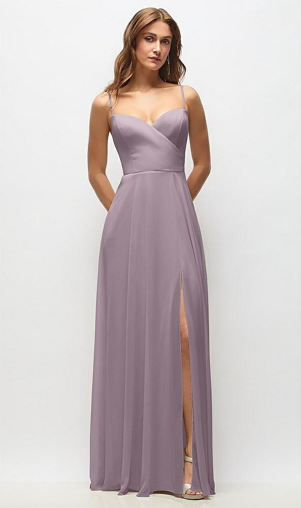 wrap bodice chiffon maxi dress with adjustable spaghetti straps