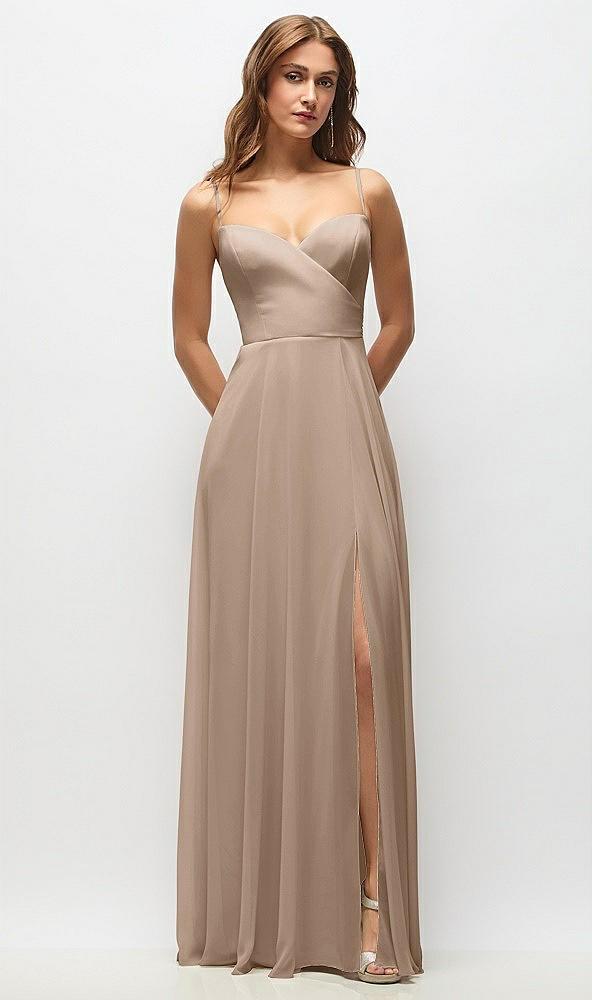wrap bodice chiffon maxi dress with adjustable spaghetti straps