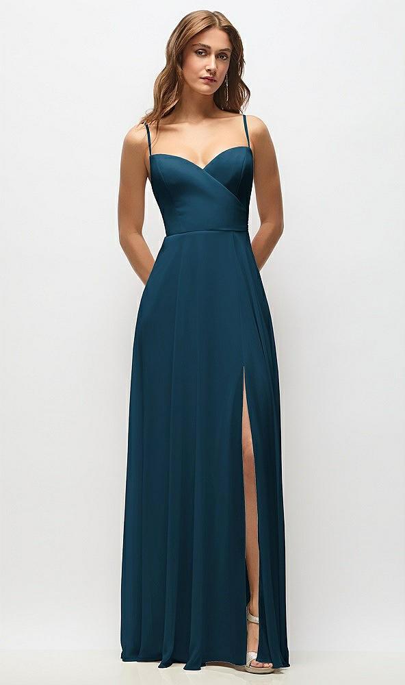 wrap bodice chiffon maxi dress with adjustable spaghetti straps