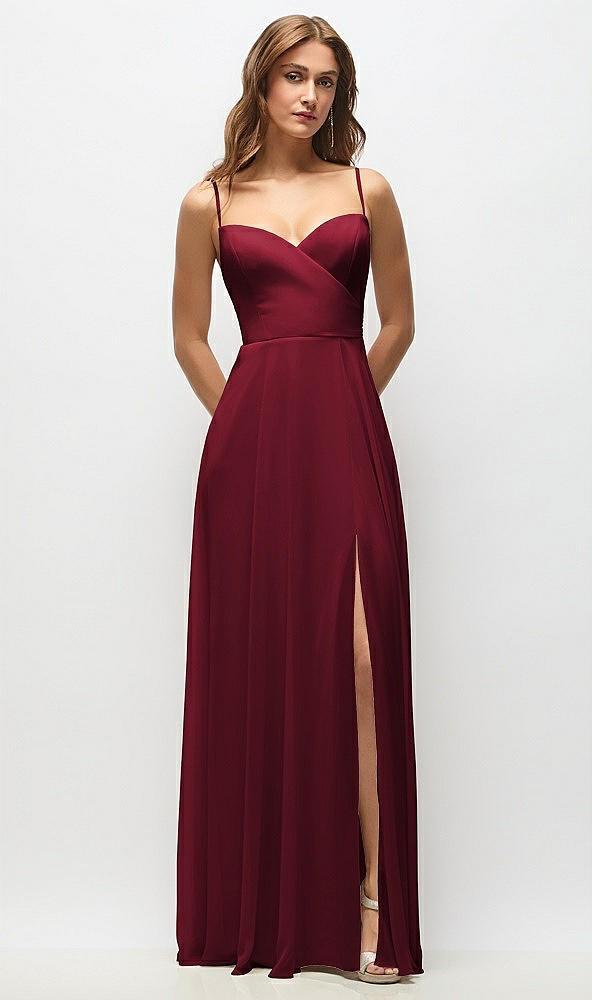 wrap bodice chiffon maxi dress with adjustable spaghetti straps