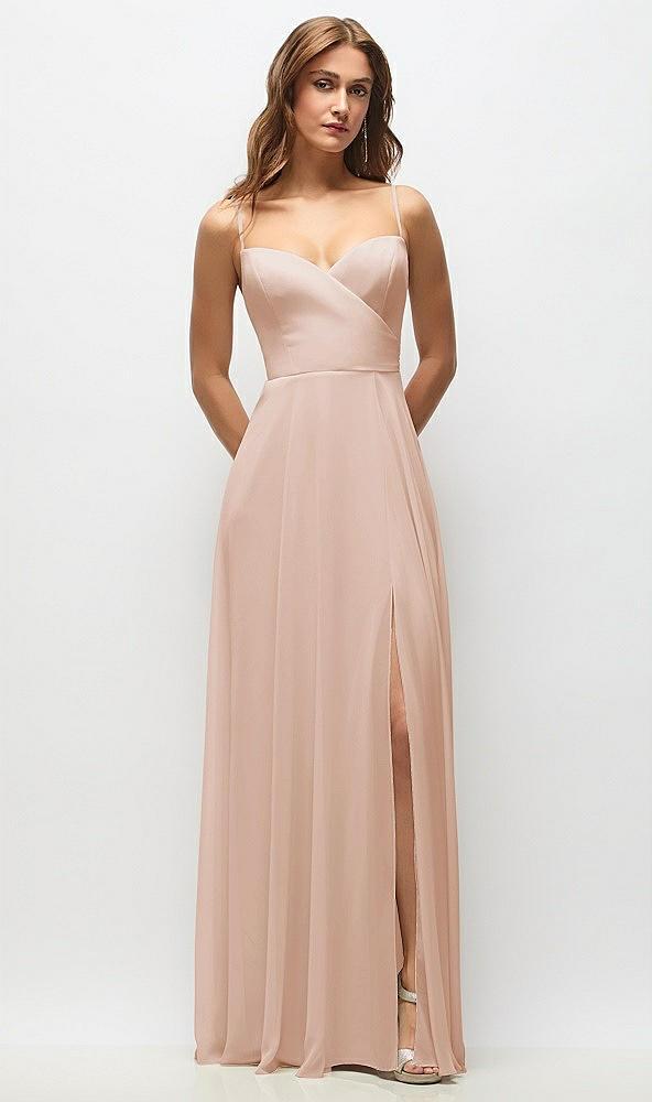 wrap bodice chiffon maxi dress with adjustable spaghetti straps