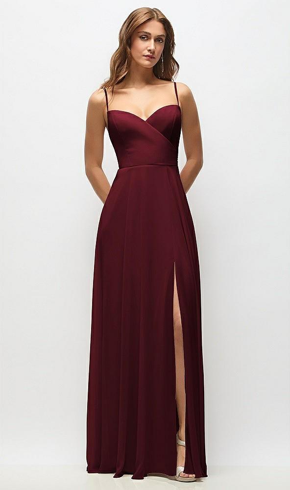 wrap bodice chiffon maxi dress with adjustable spaghetti straps