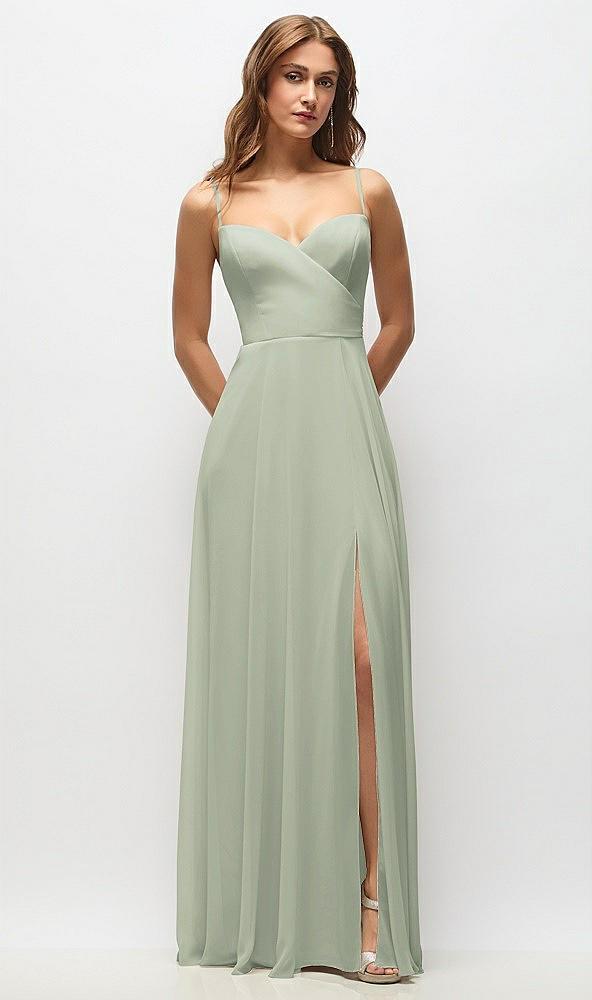 wrap bodice chiffon maxi dress with adjustable spaghetti straps