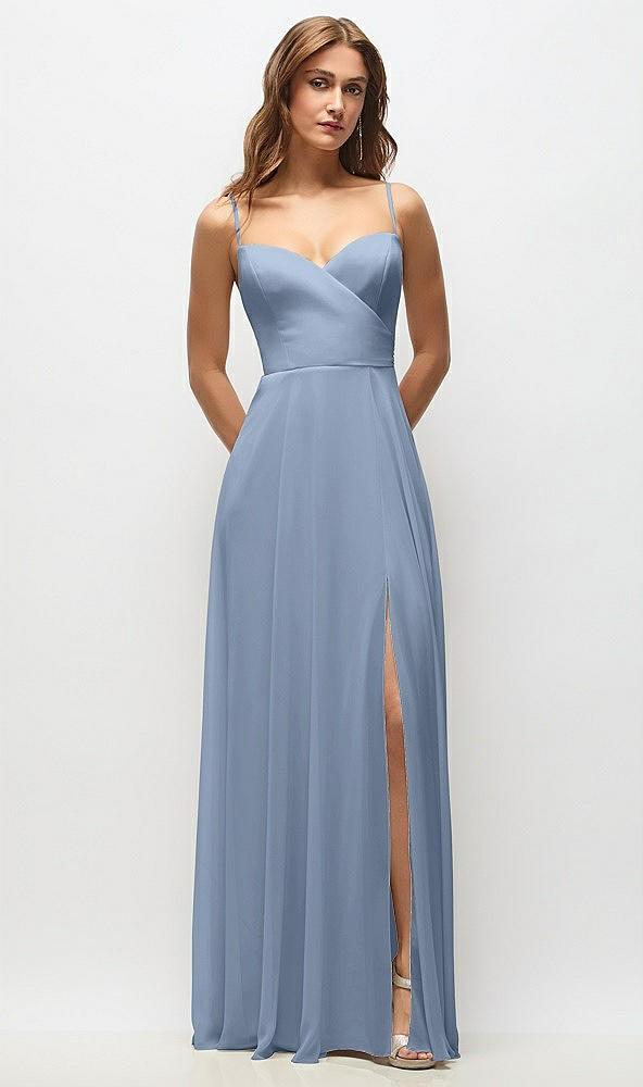 wrap bodice chiffon maxi dress with adjustable spaghetti straps
