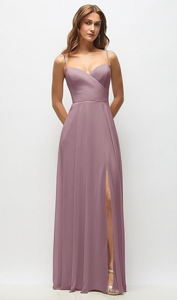 wrap bodice chiffon maxi dress with adjustable spaghetti straps