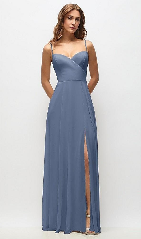wrap bodice chiffon maxi dress with adjustable spaghetti straps